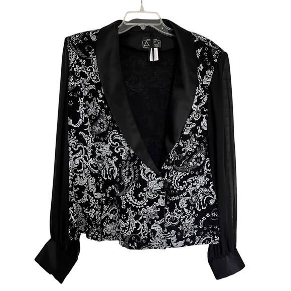 Alex Evenings Black Paisley Print Satin Shawl Collar Chiffon Long Sleeve Jacket - Picture 1 of 10